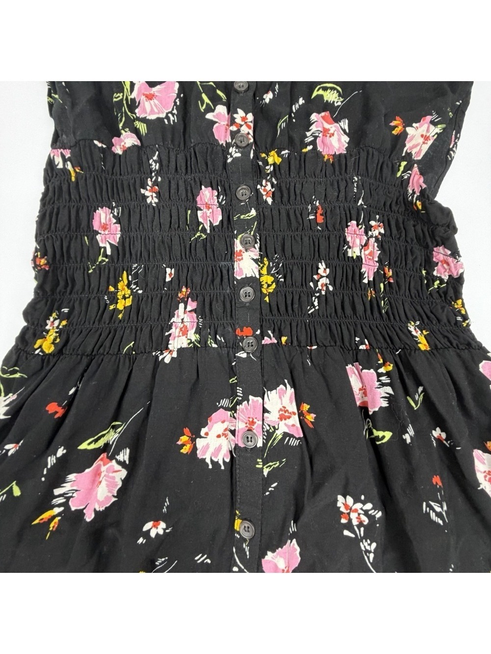 Free People Greatest Day Dress XS Black Floral Smocked Button Front Cottagecore - Picture 4 of 8